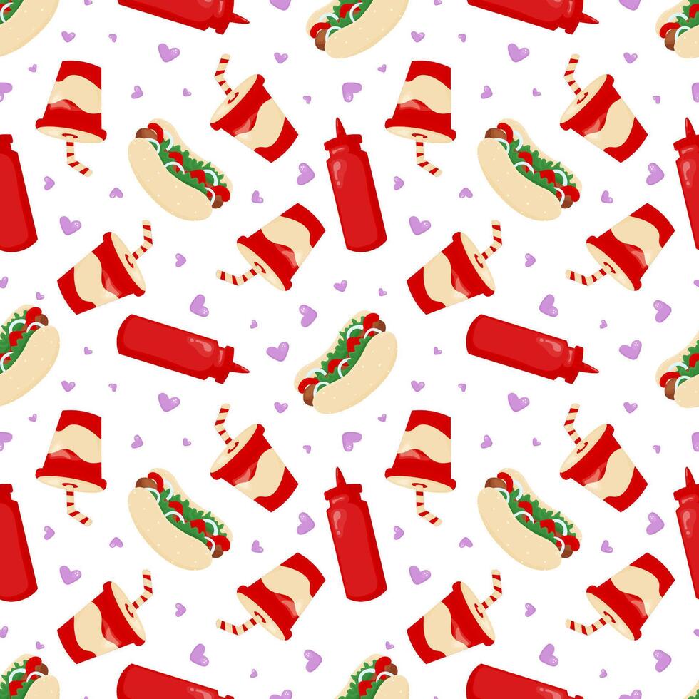 Hot Dog Day Seamless Pattern. Hand-Drawn Illustration with Hot Dog, Lemonade, Ketchup Bottle. On a white background. vector