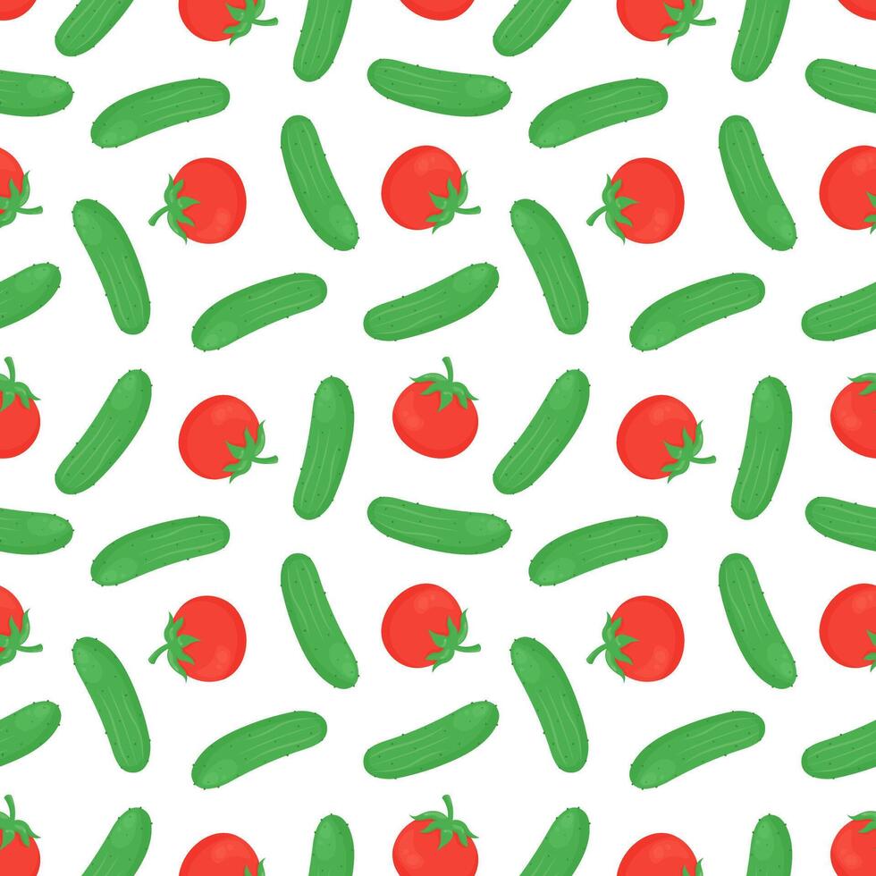 Hand drawn seamless pattern with cute cucumbers and tomatoes on a white background. Food packaging, kitchen textiles, wallpapers, branding, and farmhouse-style decor. vector
