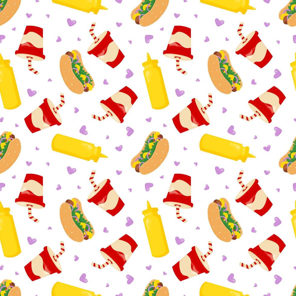 Hot Dog Day seamless pattern featuring juicy hot dogs, refreshing lemonade, and mustard. Spirit of summer barbecues and American diner culture with its hand drawn illustrations and vibrant colors. vector