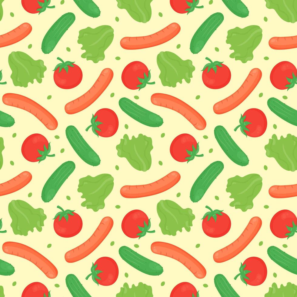 Seamless hand-drawn pattern featuring a sausage with fresh lettuce, tomato, and cucumber on a neutral sand-colored background. Perfect for food packaging, menus, textiles, and summer designs. vector