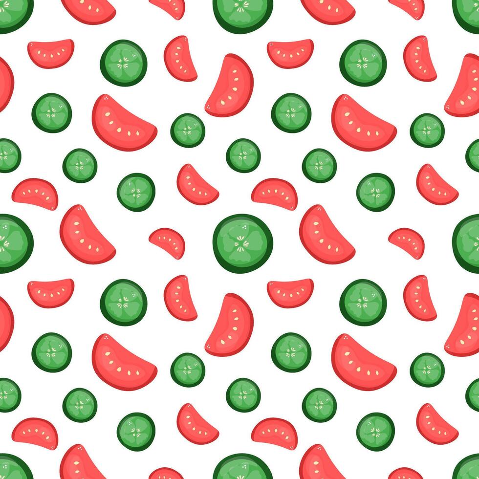 Seamless pattern with cucumber and tomato slices. On a white background. In a hand-drawn style. Fresh vegetables background. vector