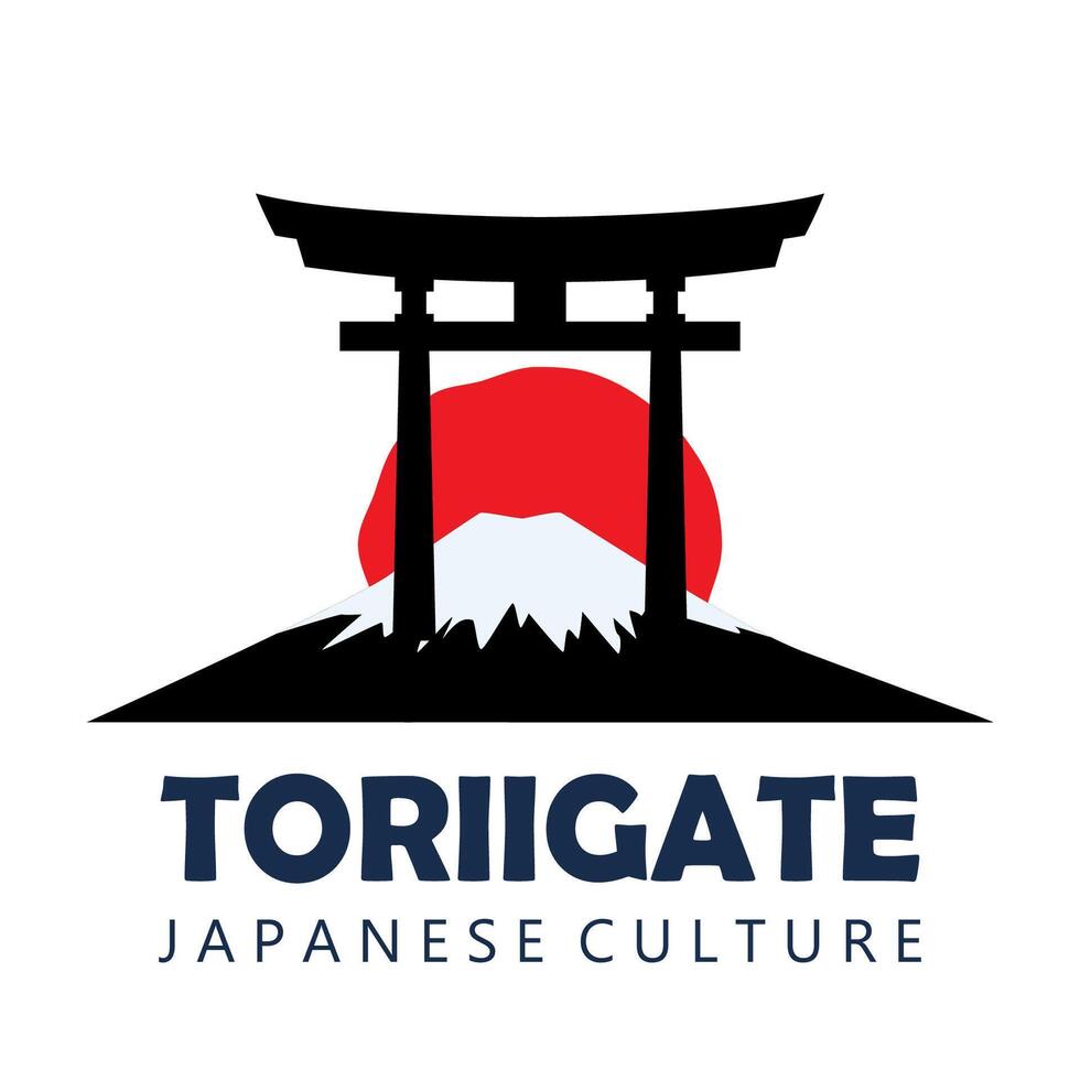 Logo with big sun, Japan symbol, Fujiyama mountain and torii gates. illustration. vector