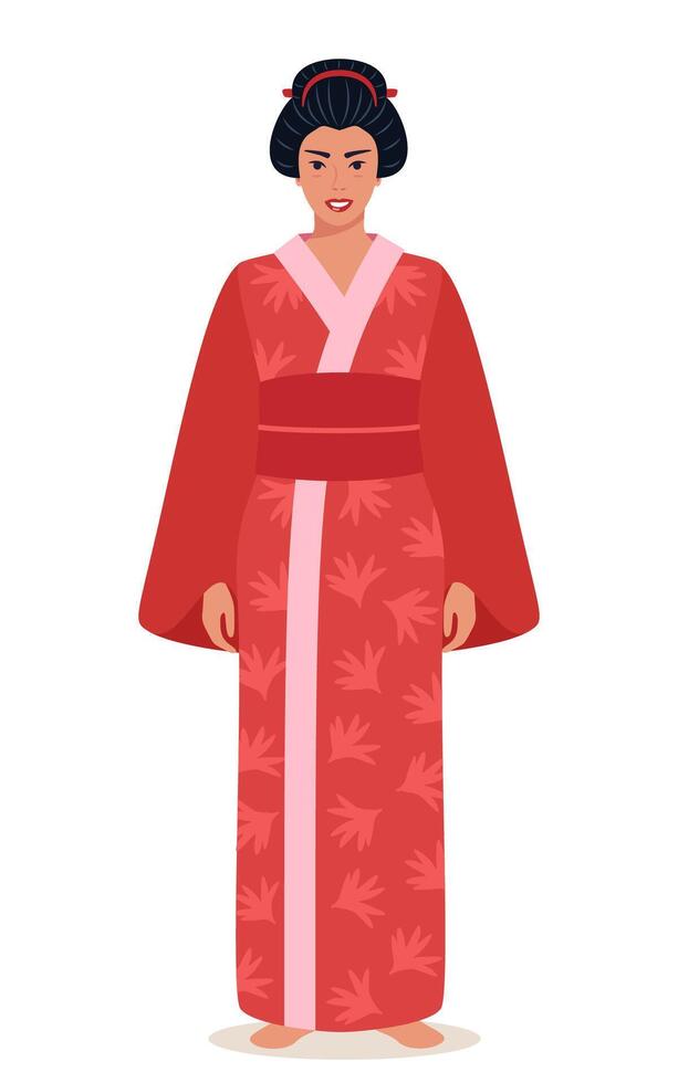 Full length portrait of beautiful geisha in Japanese kimono. Symbol of Japan. Young Japanese woman wearing traditional kimono with floral pattern vector
