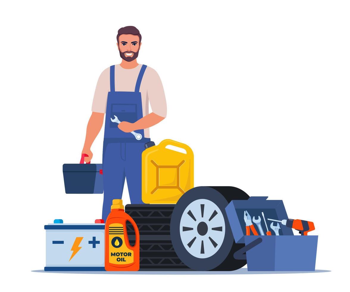 Auto service accessories composition with tool kit, gasoline canister and battery. illustration. vector