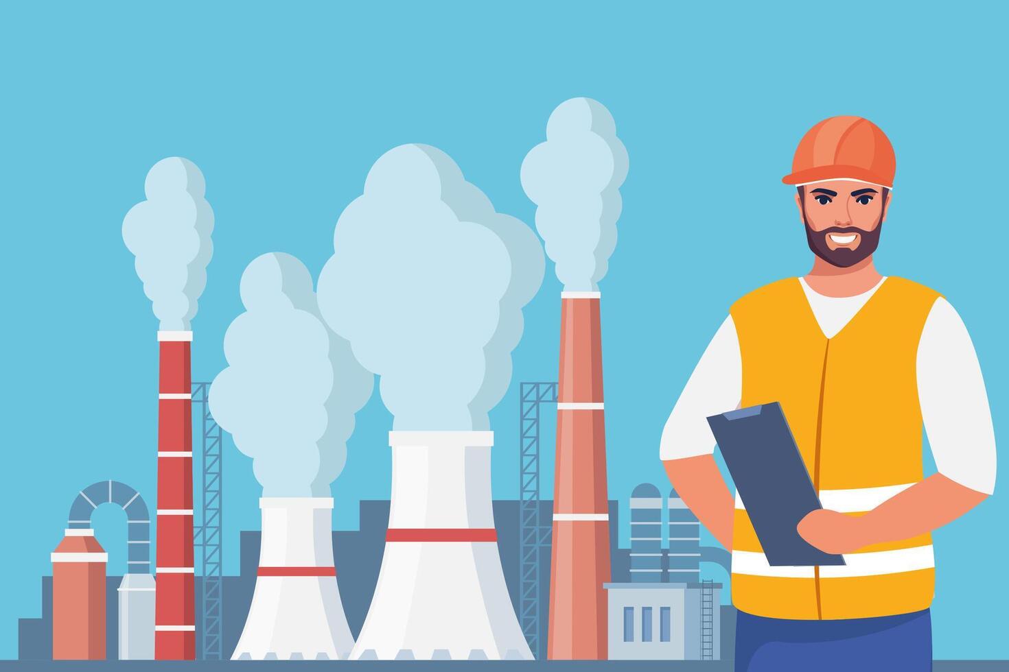 Highly polluting factory plant with smoking towers and pipes. Man engineer in orange protective helmet on the foreground. illustration. vector