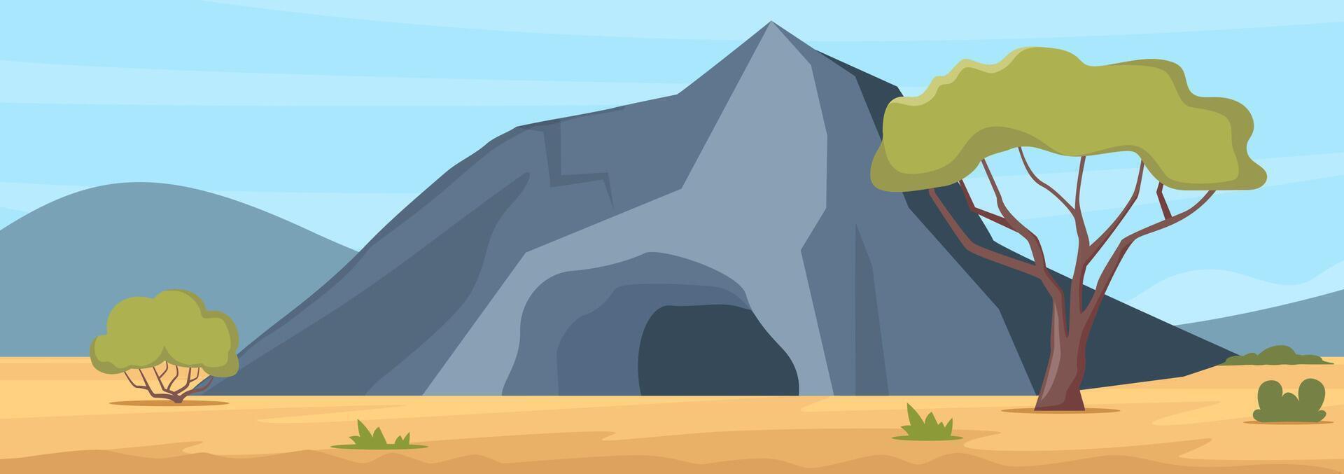 Entrance to stone cave. Old cave in rock on yellow soil with black passage to dark undergroun vector