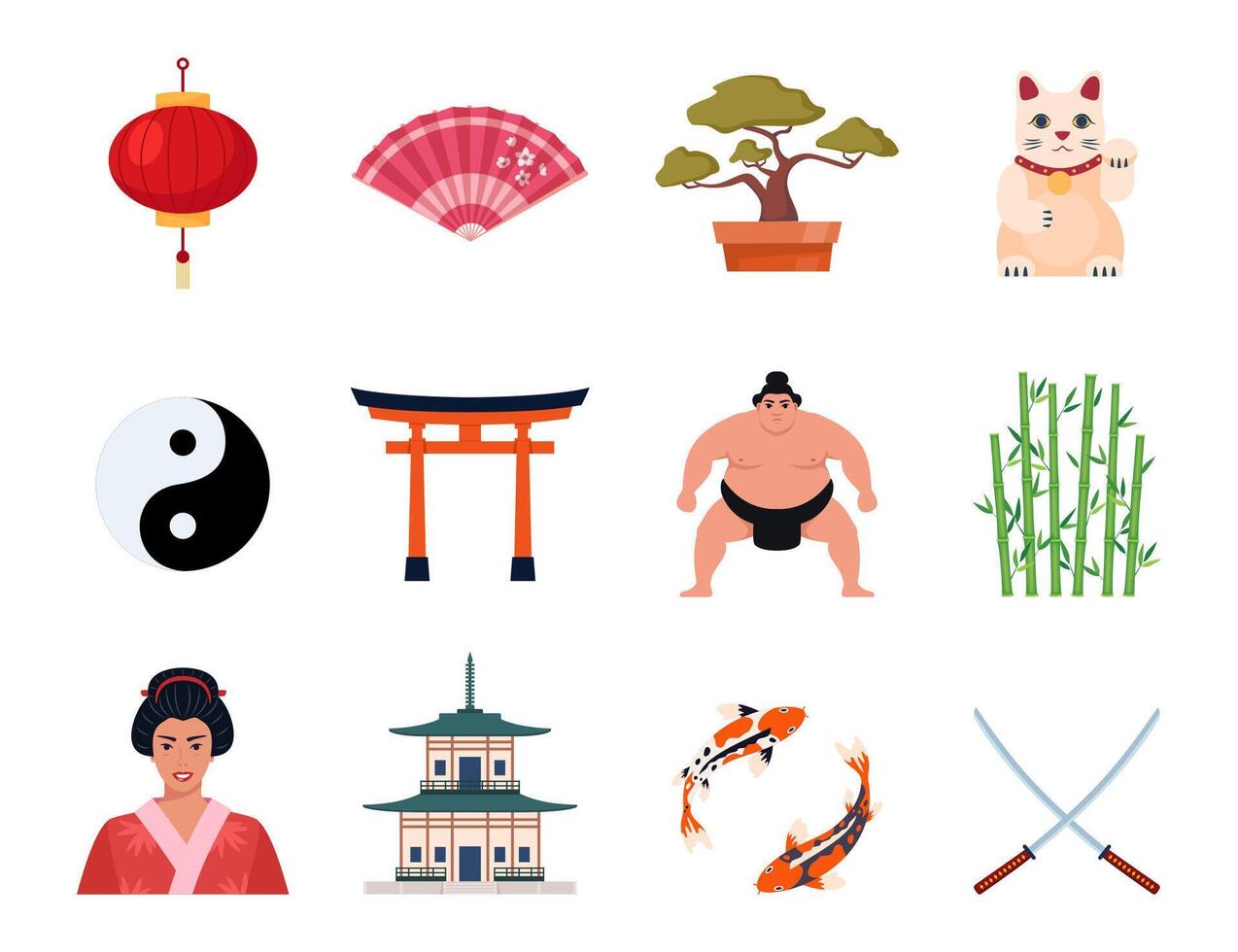 Japanese Traditional culture symbols. Geisha, samurai, katana, Mount Fuji, bonsai, Maneki Neko lucky cat, sakura, pagoda, bamboo, sushi, sumo, torii gate. Travel to Japan. vector