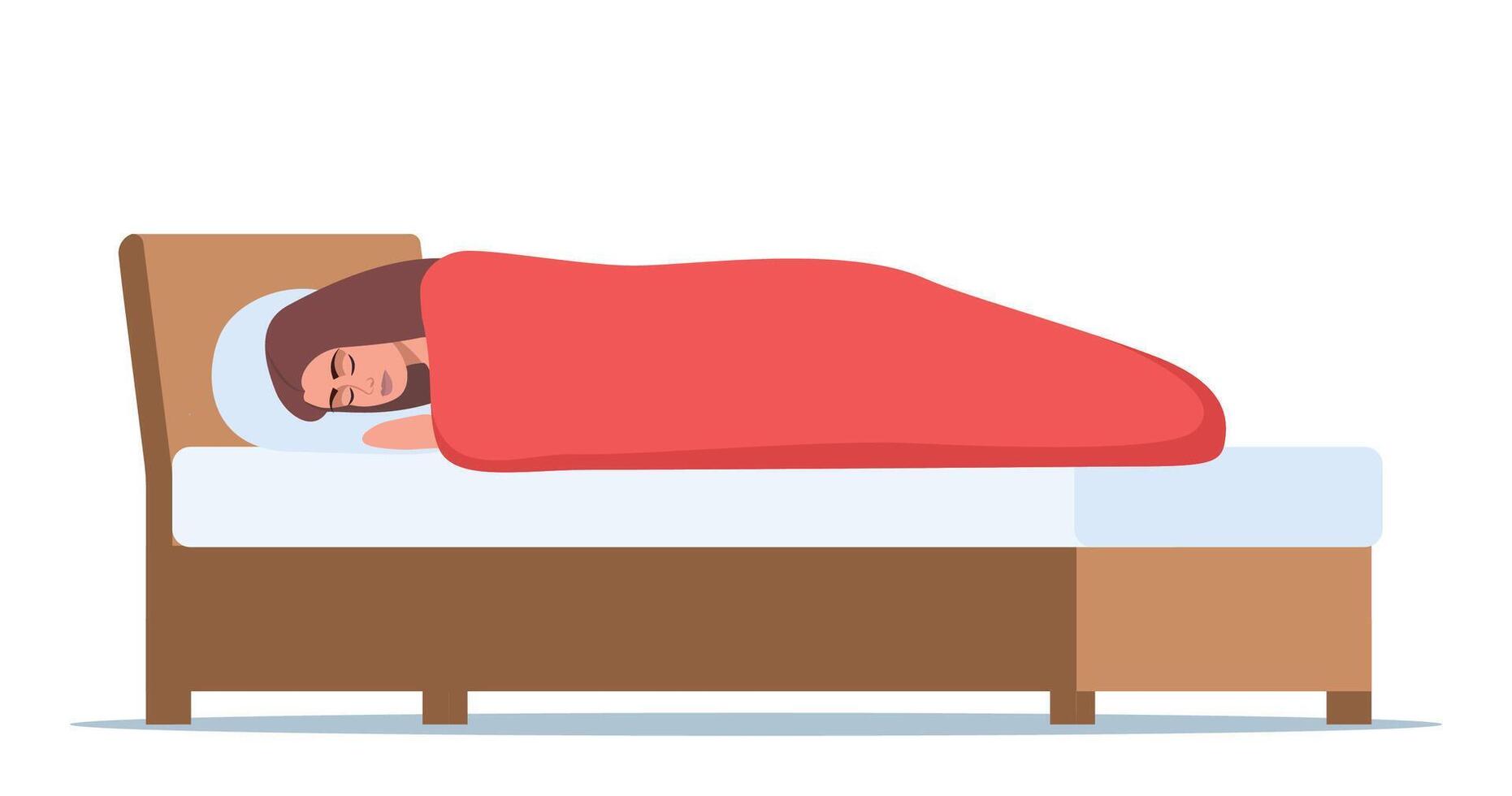 Woman sleeping. Girl lies on bed under blanket at night, comfortable sleep time at home. Healthy lifestyle concept of relax, calm. illustration. vector
