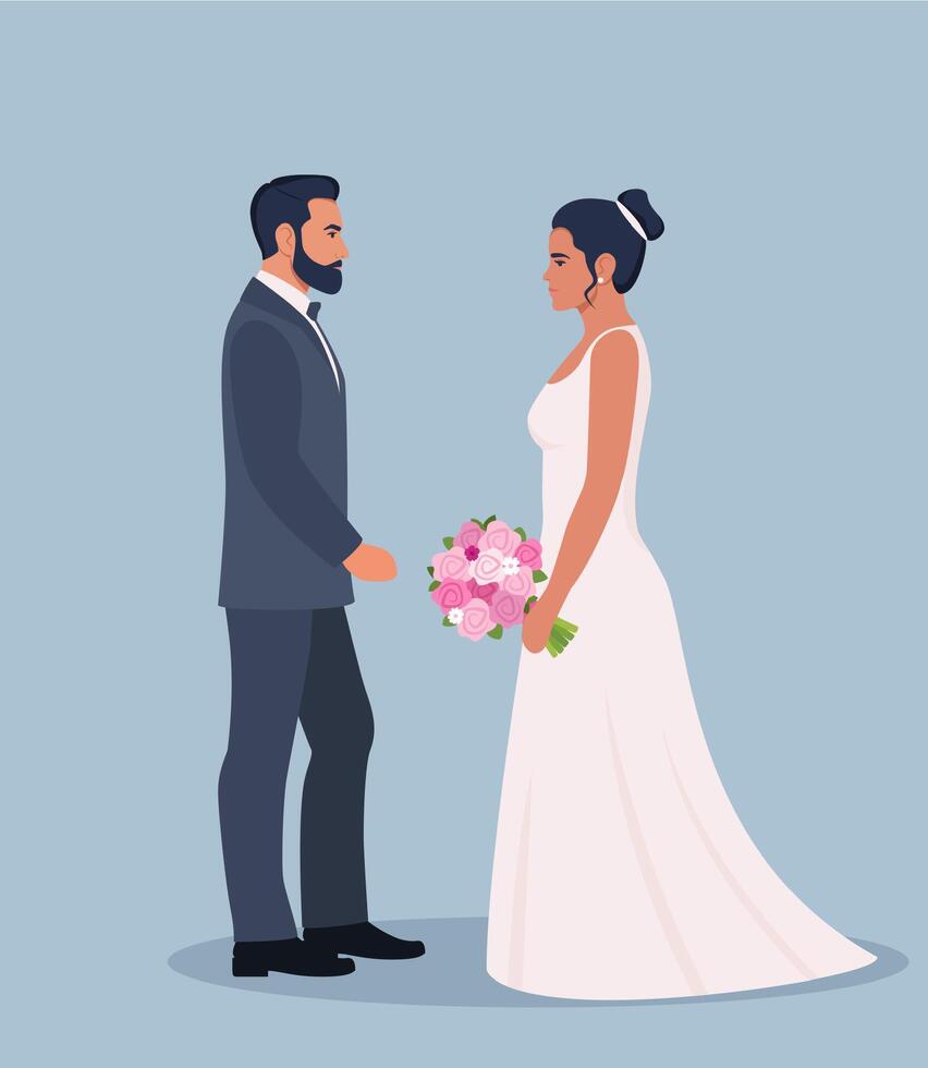 Wedding couple. Bride and groom in formal clothes on marriage ceremony. Just married love couple, newlyweds vector