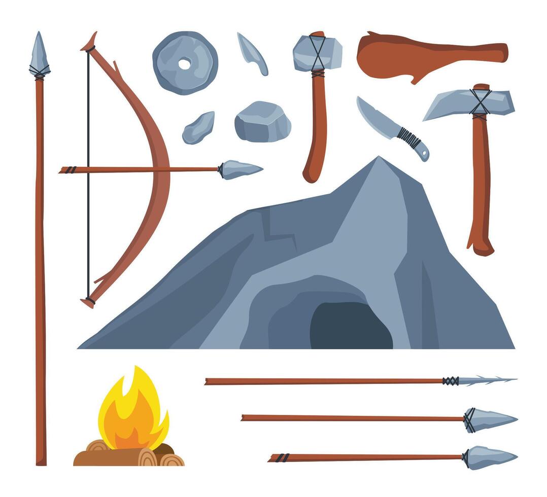 Stone age tools set, caveman civilization culture. Prehistoric ancestors primitive tools to work and hunt. illustration. vector