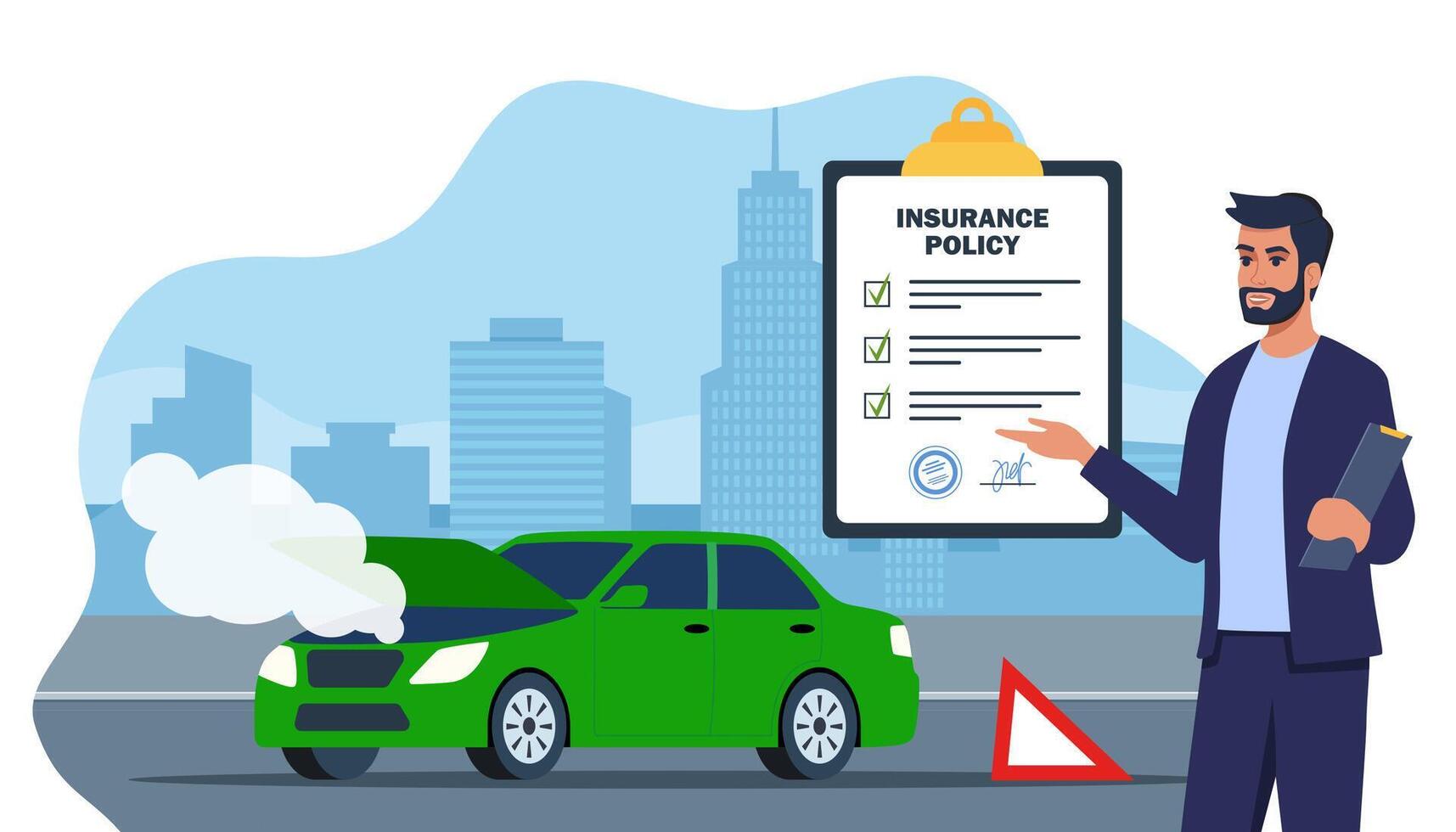 Car insurance coverage. Damaged vehicle, insurance police, insurance agent character. Car breakdown on the road. Automobile protection, security, vector