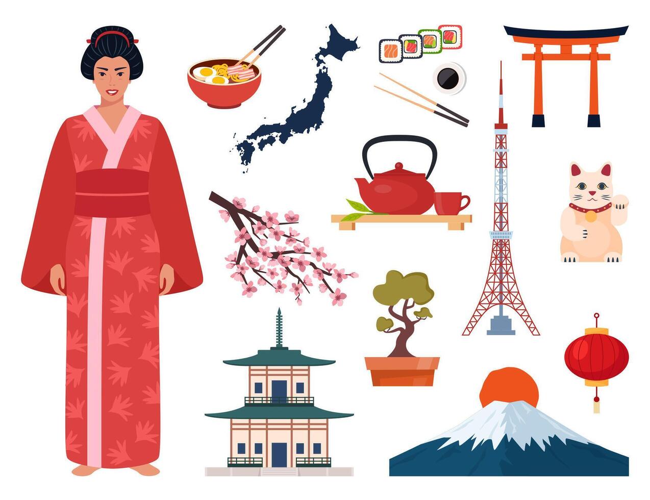 Japanese Traditional culture symbols. Geisha, samurai, katana, Mount Fuji, bonsai, Maneki Neko lucky cat, sakura, pagoda, bamboo, sushi, sumo, torii gate. Travel Japan. illustration. vector