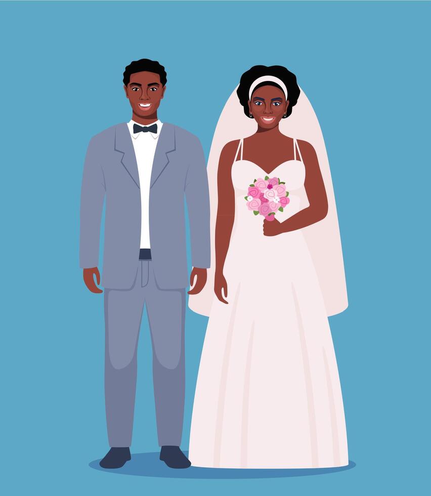 Black wedding couple. Bride and groom in formal clothes on wedding day, marriage ceremony. Just married love couple, newlyweds. illustration. vector