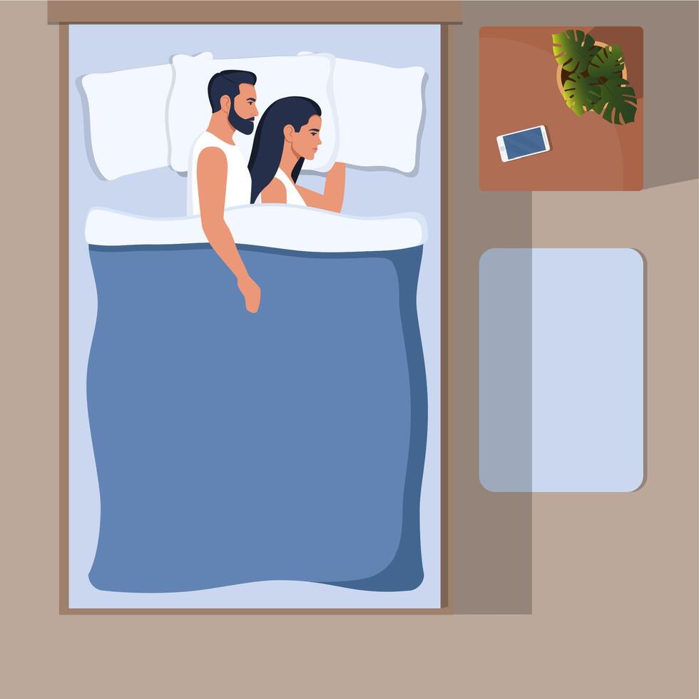 Love couple sleeping, embracing, hugging at night. Family asleep, lying in bed, top view. Happy man and woman cuddling, dreaming together. illustration. vector
