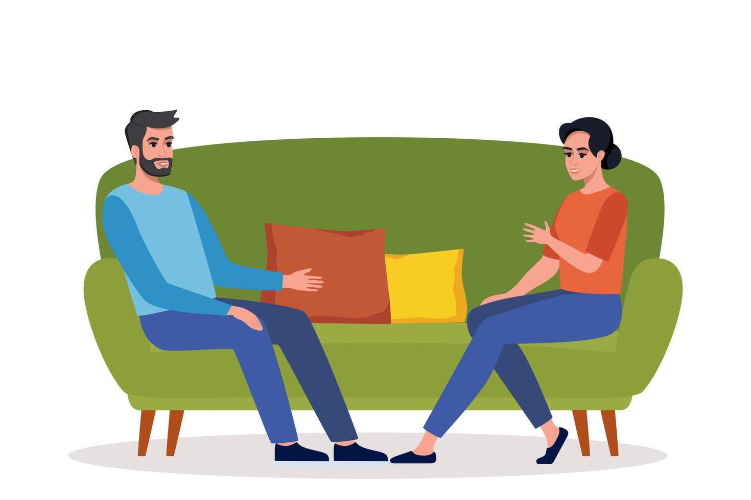 People sit on the couch and talk about something. Conversation between man and woman sitting on the sofa. Female listening to her guest story-telling. illustration. vector