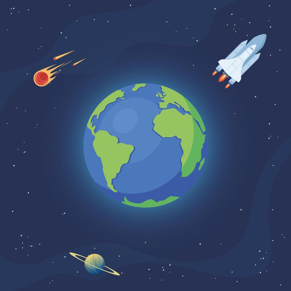 Space with planet Earth, rocket, planets and stars. Illustration Of Space. vector
