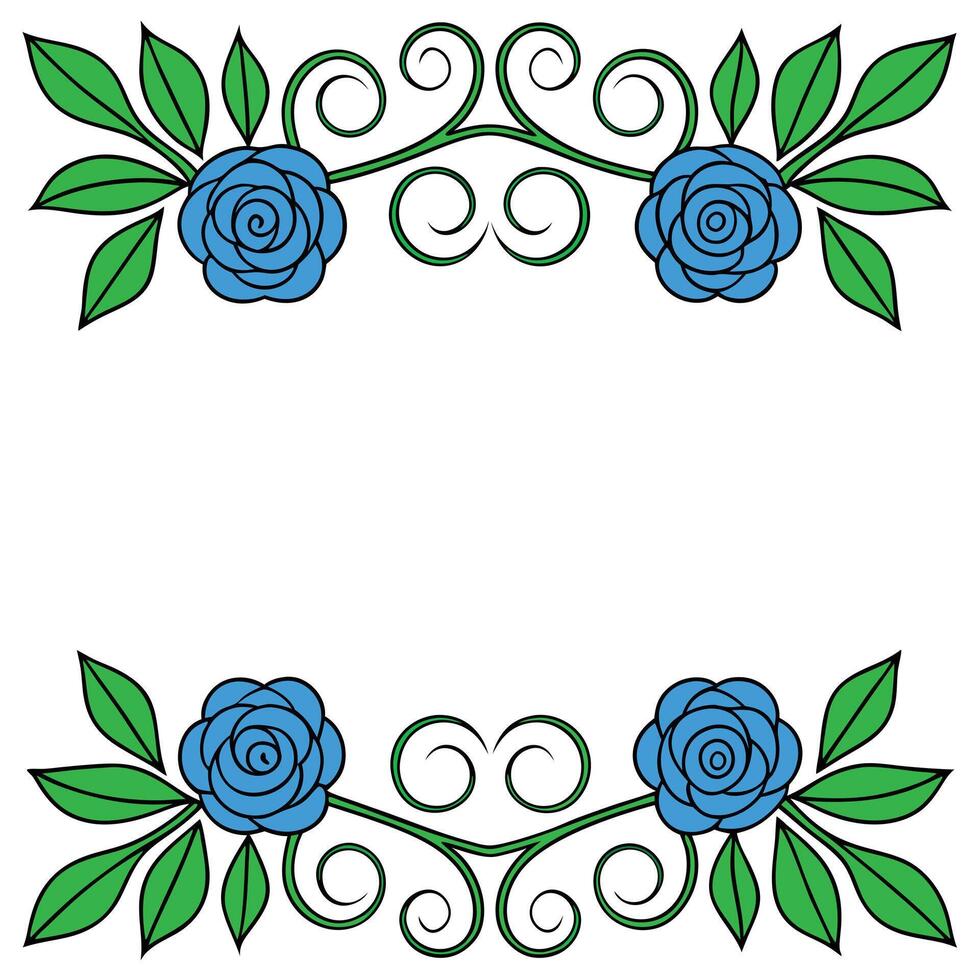 Floral decorative frame with blue roses,green leaves,and swirls design element vector