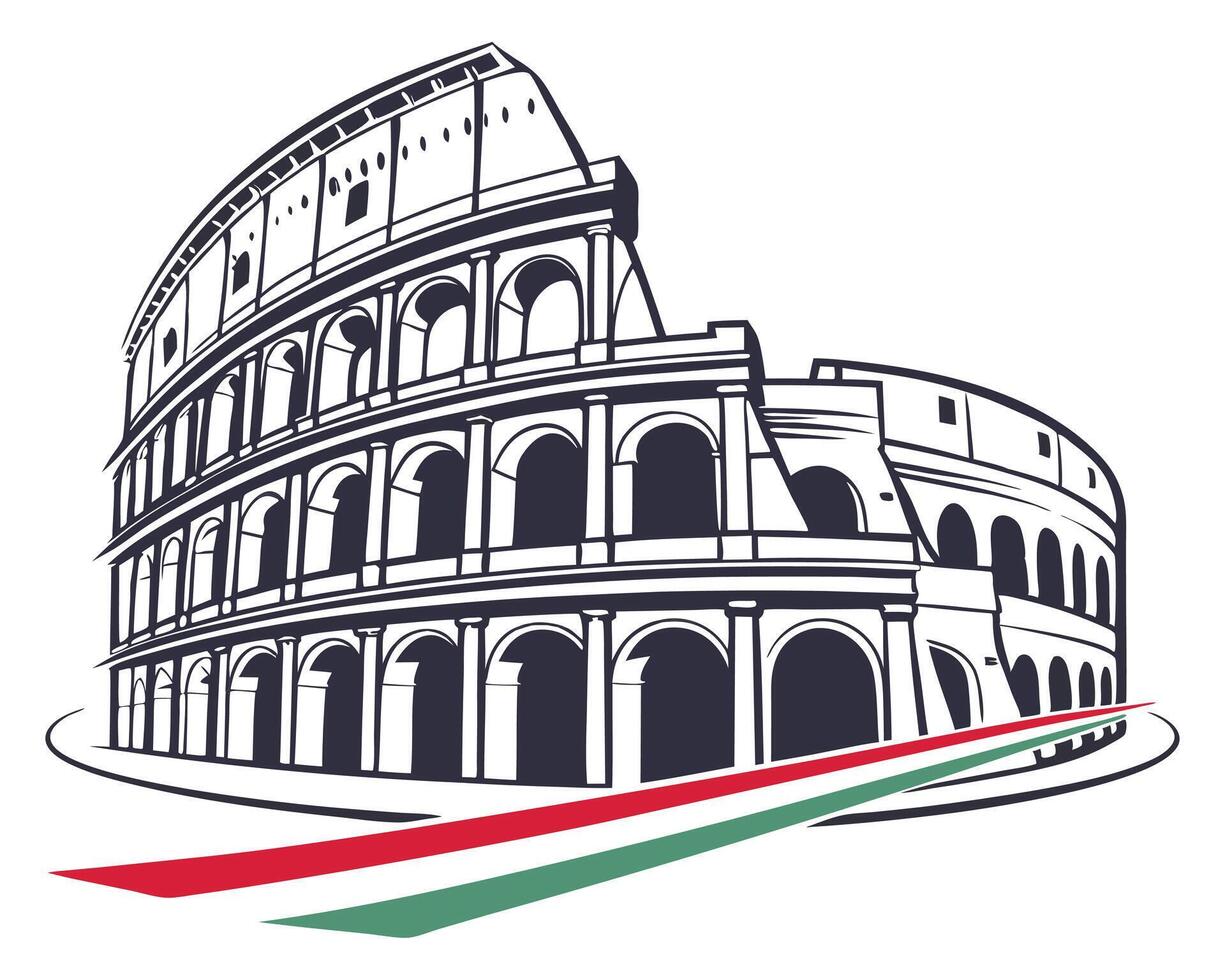 Stylized illustration depicting the ancient roman colosseum with italian flag colors in design. vector