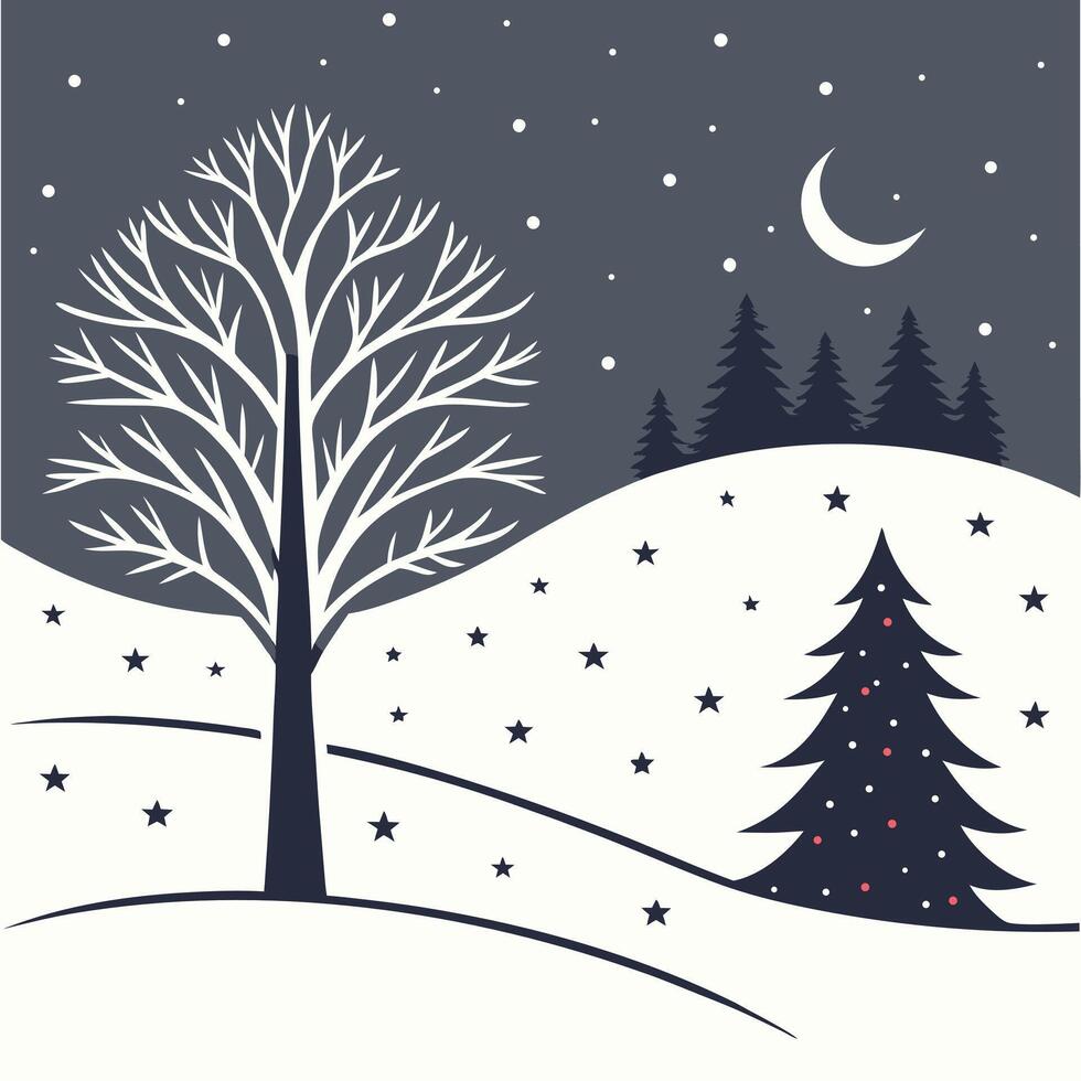 Elegant winter landscape with christmas tree and falling snow under crescent moon vector