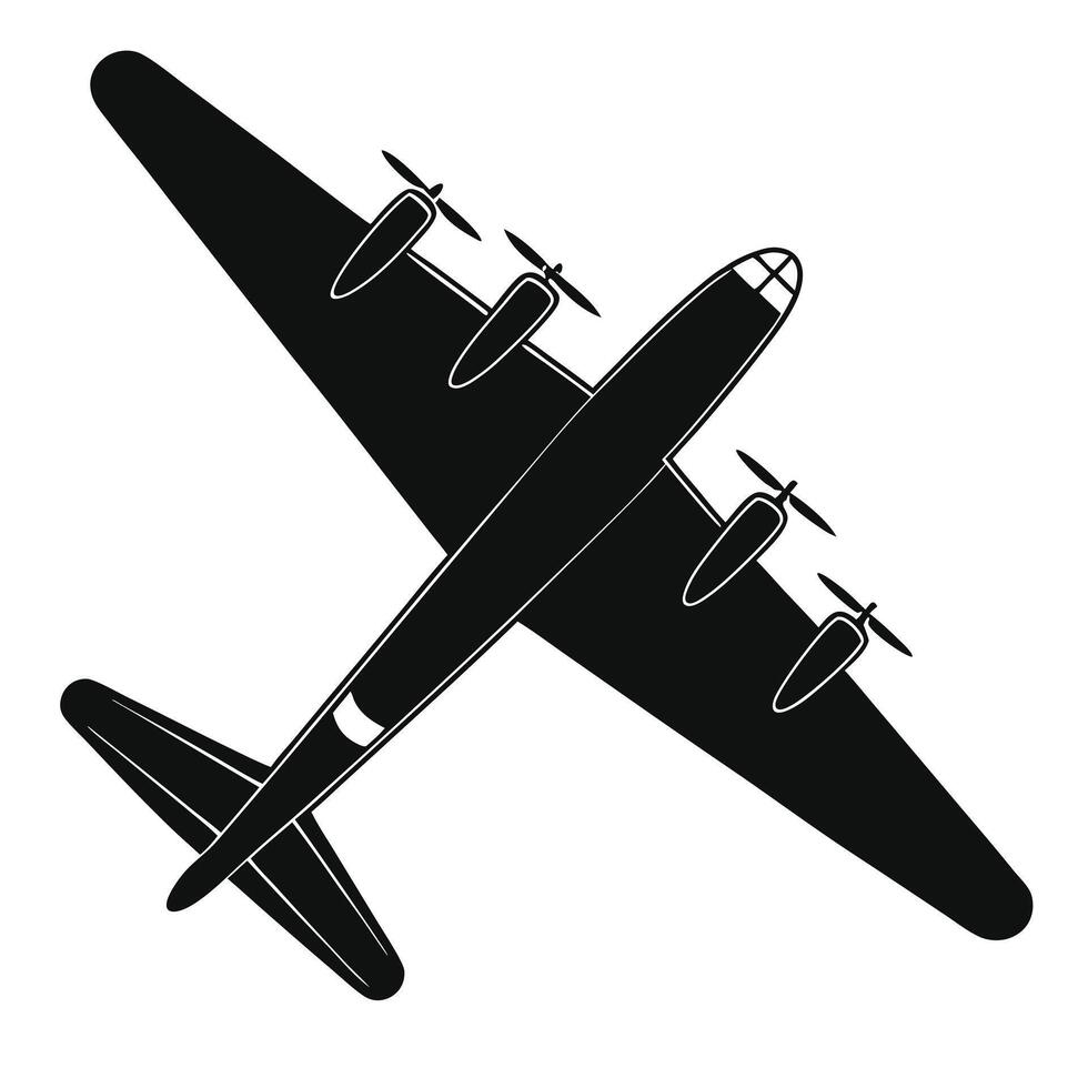Black silhouette of a four engine propeller airplane flying against white backdrop vector