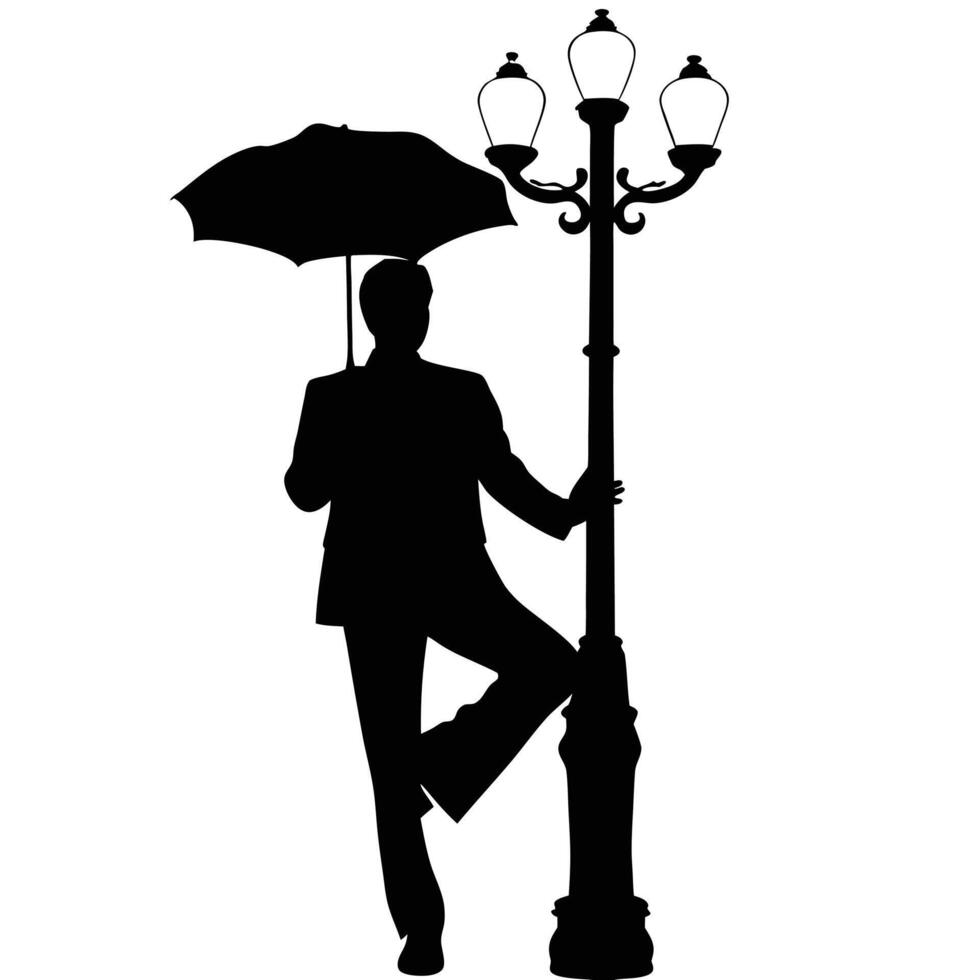 Silhouette of a businessman under umbrella leaning against lamp post streetlight black and white vector