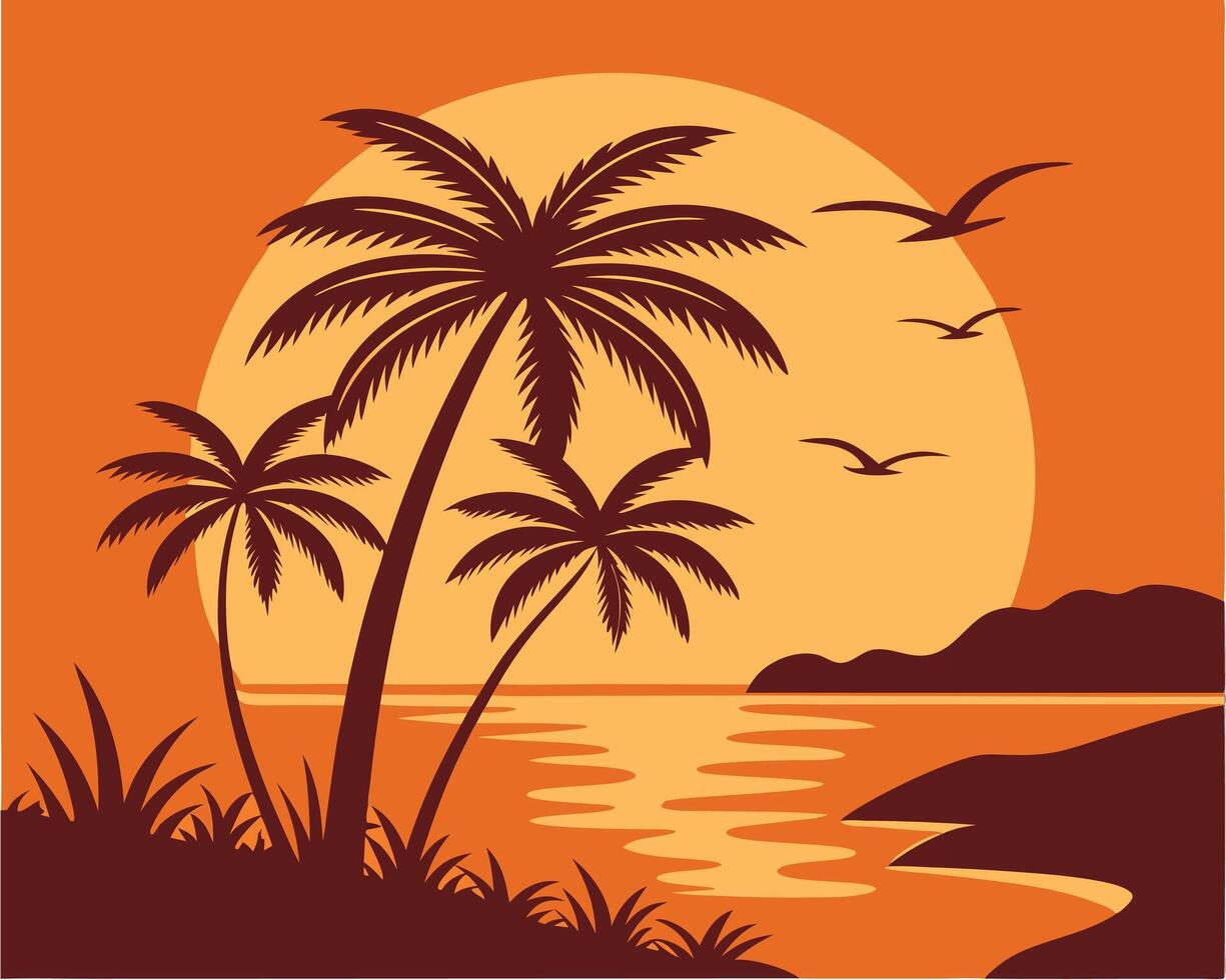 Silhouette illustration of palm trees and birds at sunset over coastal landscape. vector