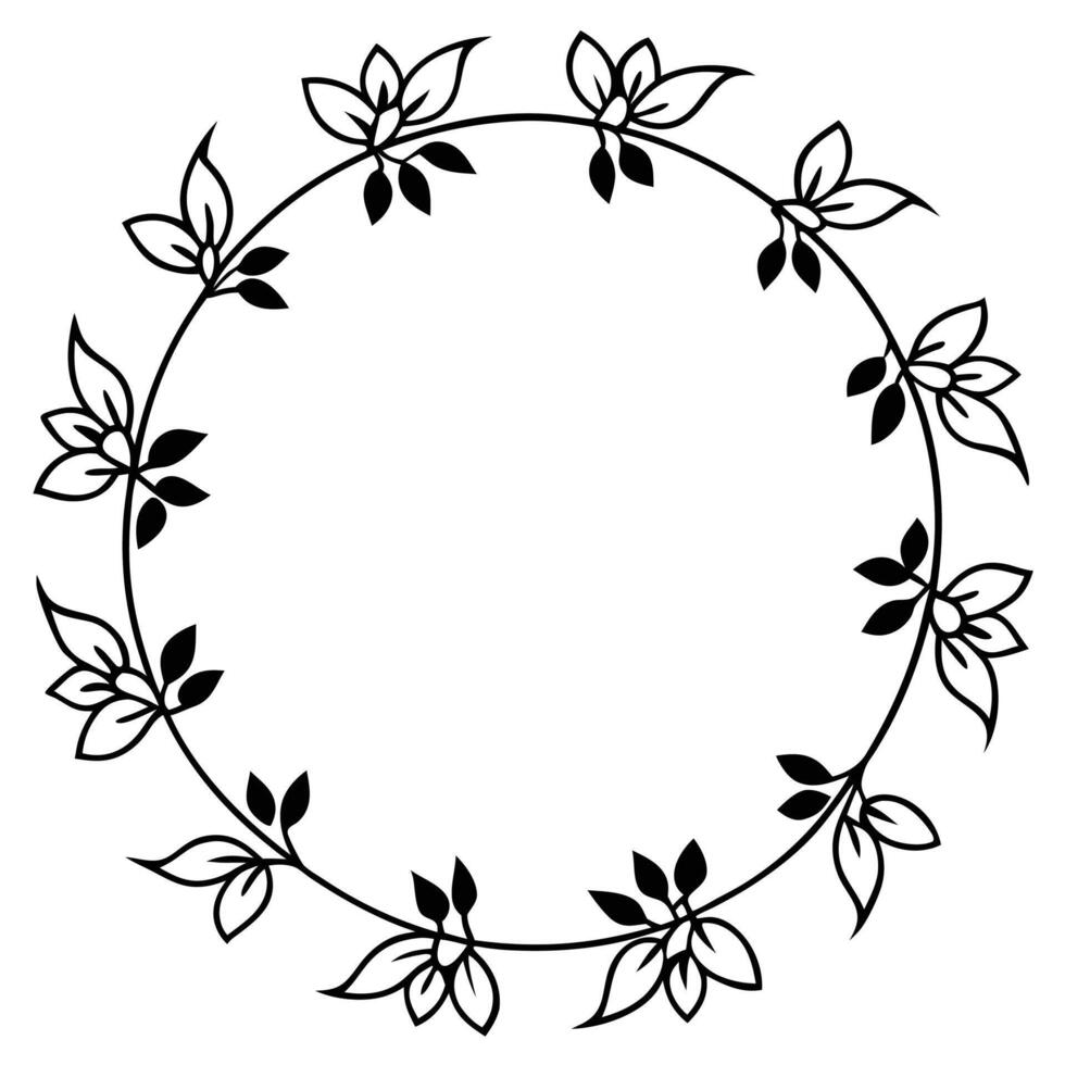 Black and white floral wreath illustration with leaf motifs graphic design vector