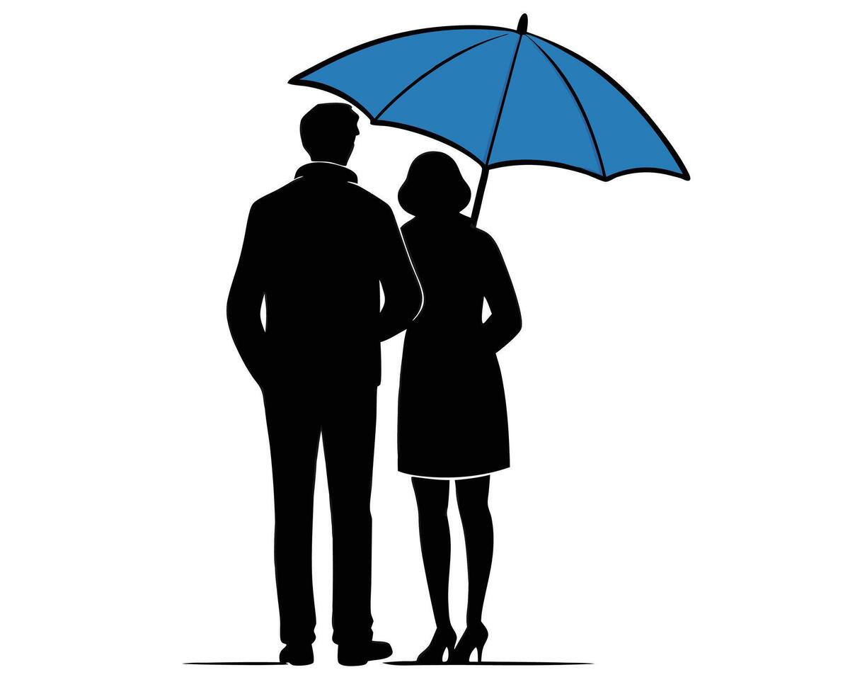Silhouette illustration of a couple standing closely together under a blue umbrella against a white background vector