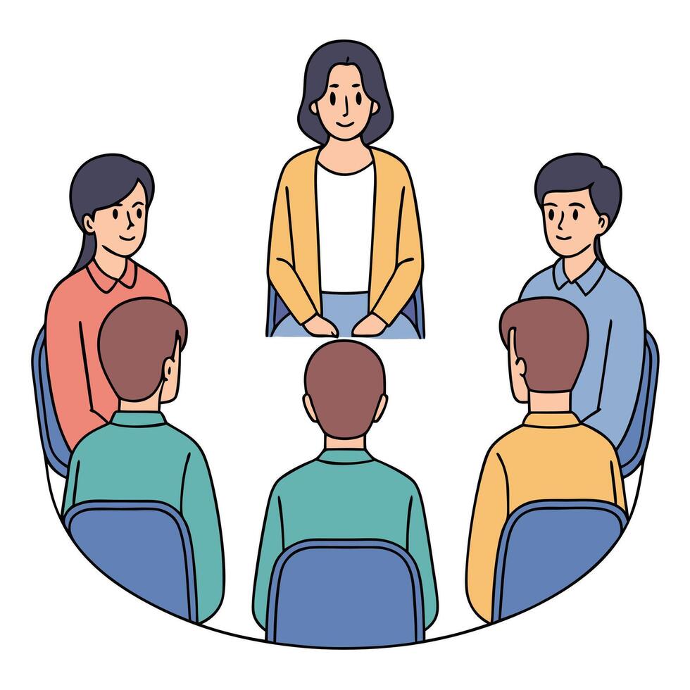 Group therapy session illustration featuring diverse participants in circular formation vector