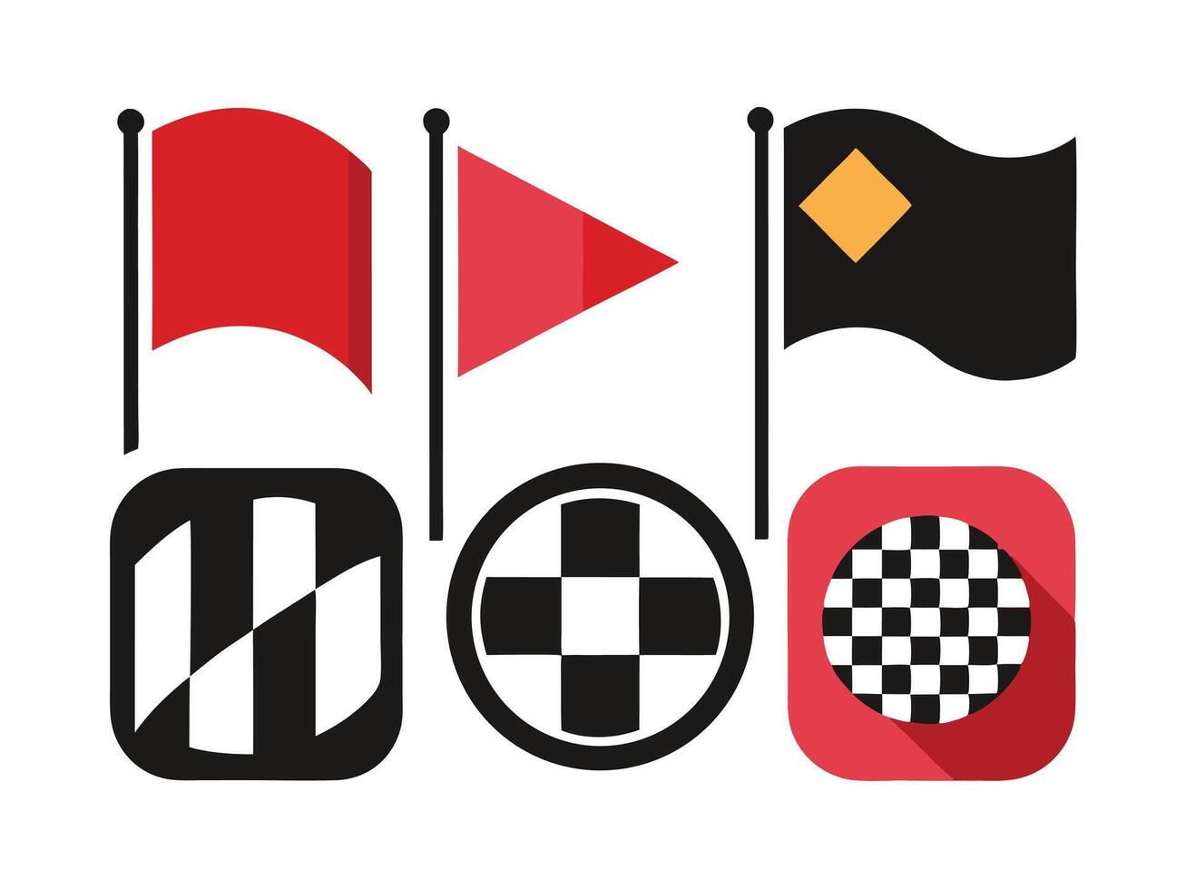 Collection of racing flags and racing symbols with minimalist design and vivid colors for diverse applications vector