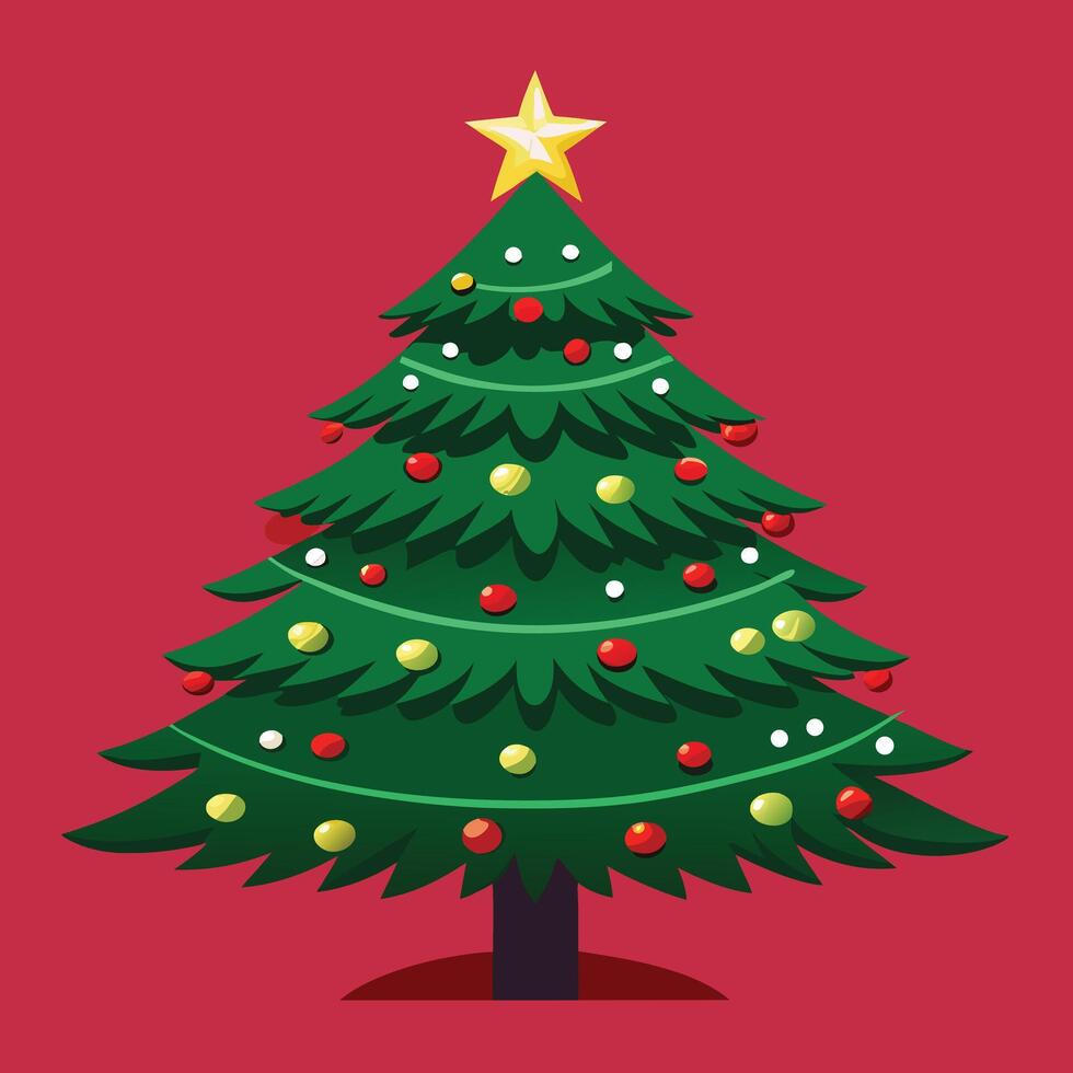 Cartoon christmas tree illustration with decorations and star on red background vector