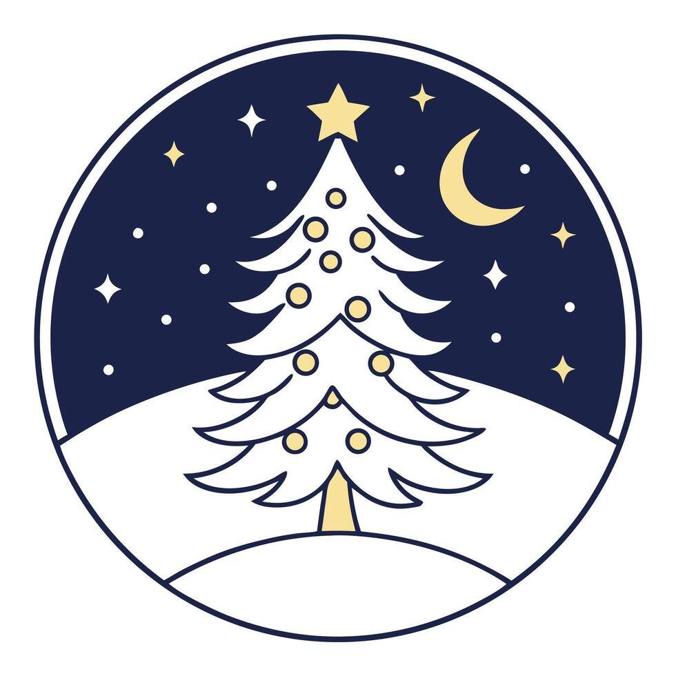 Minimalist christmas tree badge with moon and stars over snow hills illustration vector