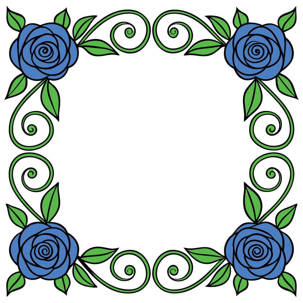 Blue rose frame with green leaves and vines decorative floral border for design projects vector