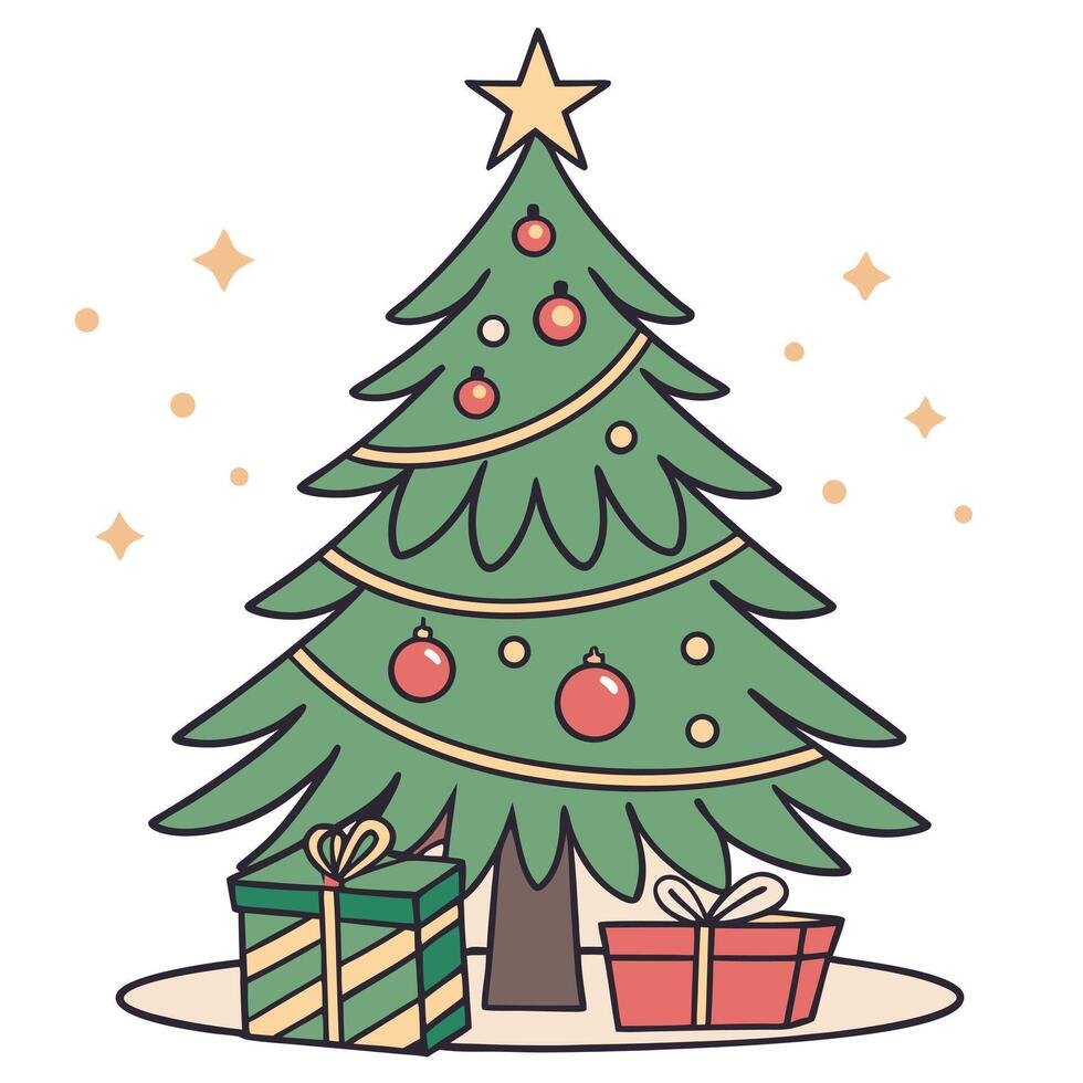Cute christmas tree with star topper and gifts cartoon style illustration vector