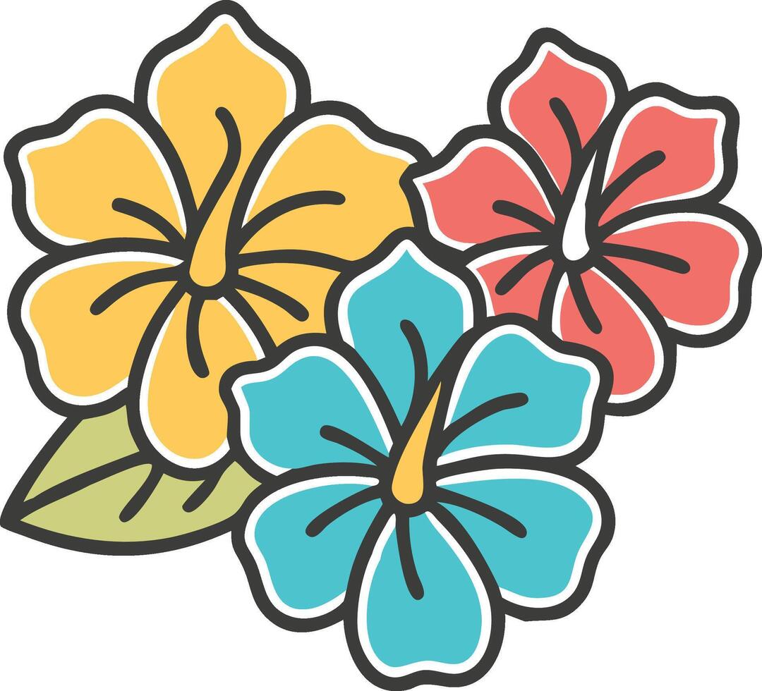 Vibrant illustration of a cluster of colorful hibiscus flowers with charming tropical flair and outline. vector