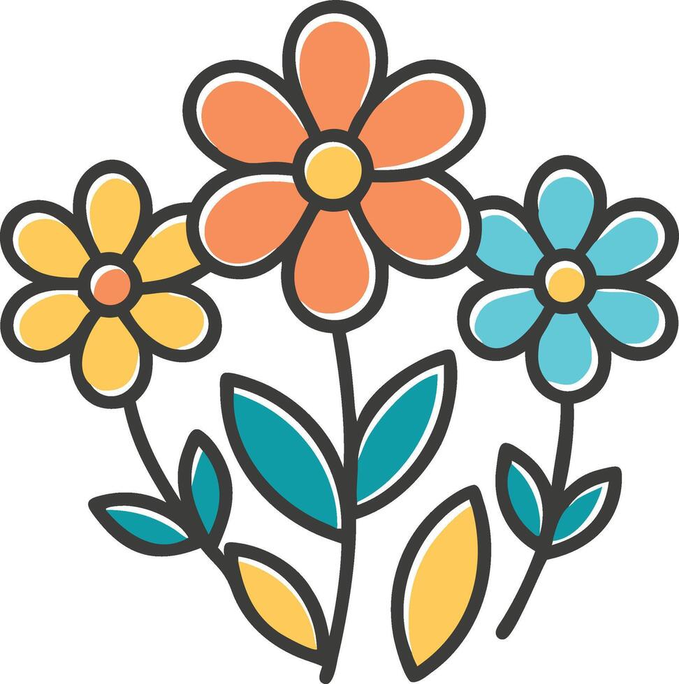 Colorful hand drawn flowers arrangement featuring orange yellow and blue blossoms with green leaves vector