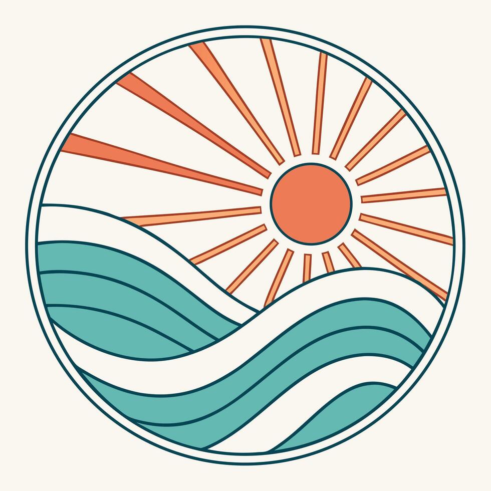 Minimalist circle art featuring sunburst over ocean waves graphic design vector