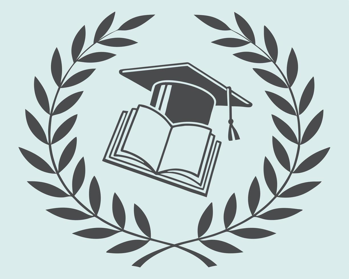 Graduation concept with a mortarboard and open book framed by a laurel wreath symbol vector
