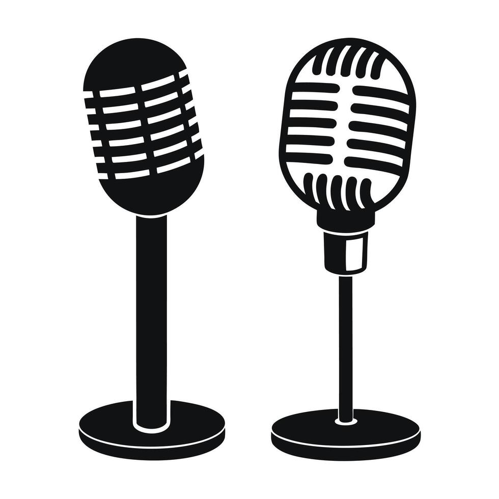 Two retro microphones in black silhouette illustration for music and voice recording vector