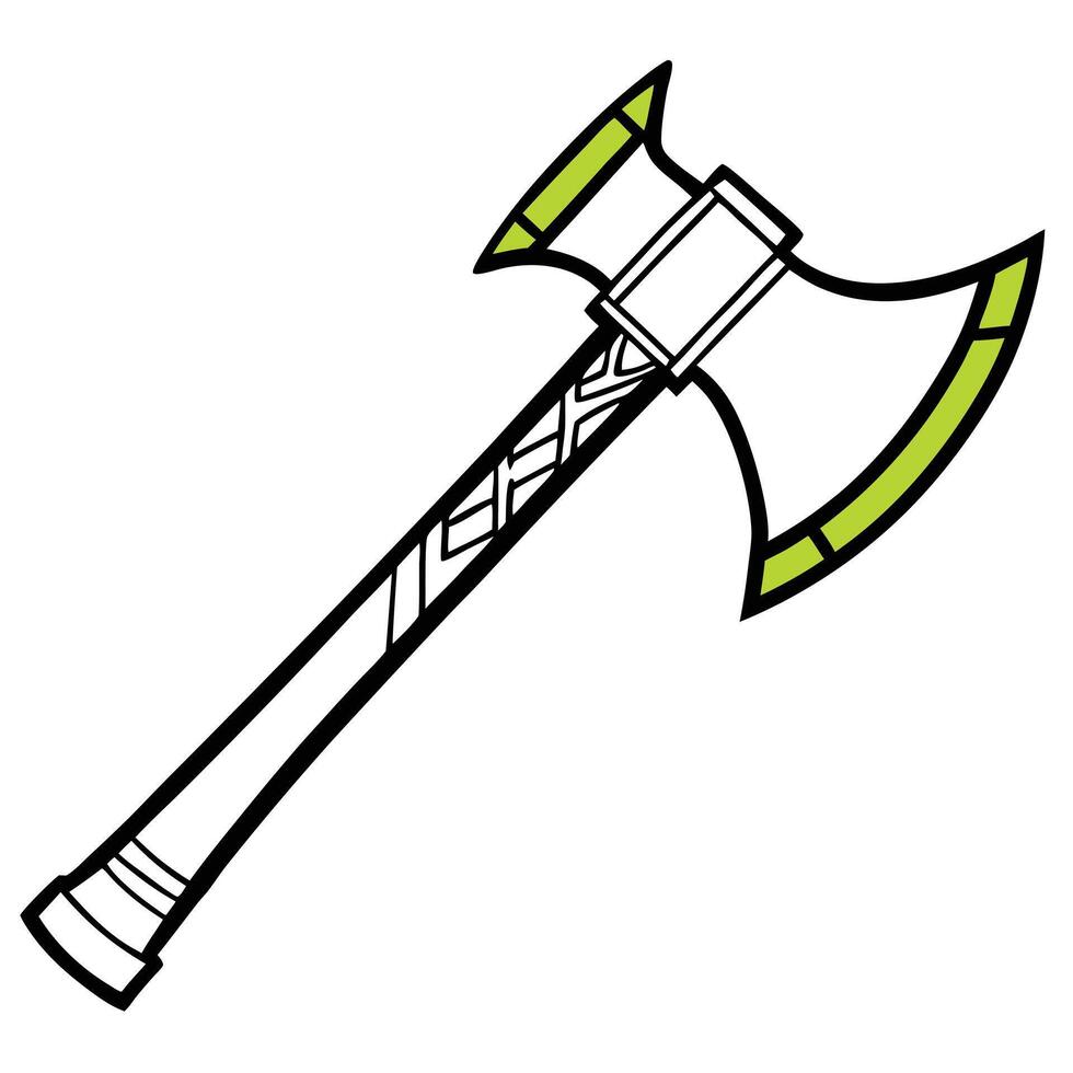 Fantasy battle axe illustration with green accents and detailed handle design vector