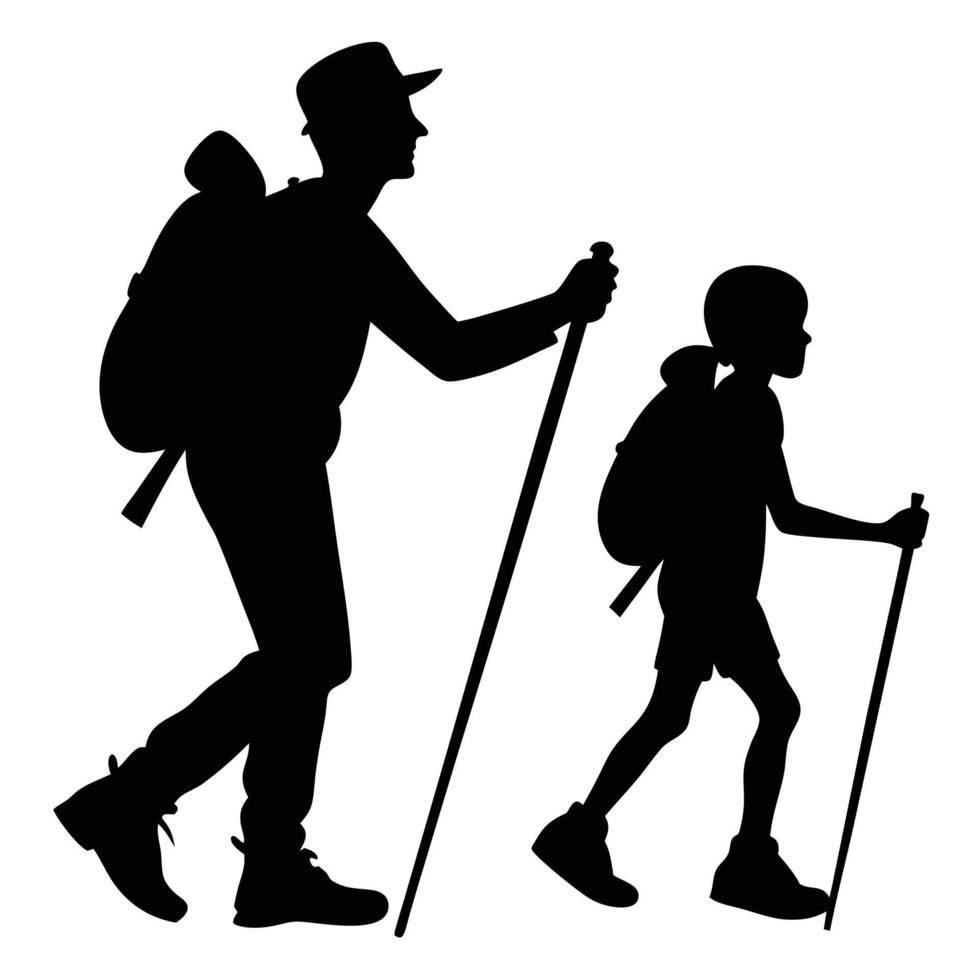 Father and son trekking adventure silhouette backpacking with hiking poles illustration vector