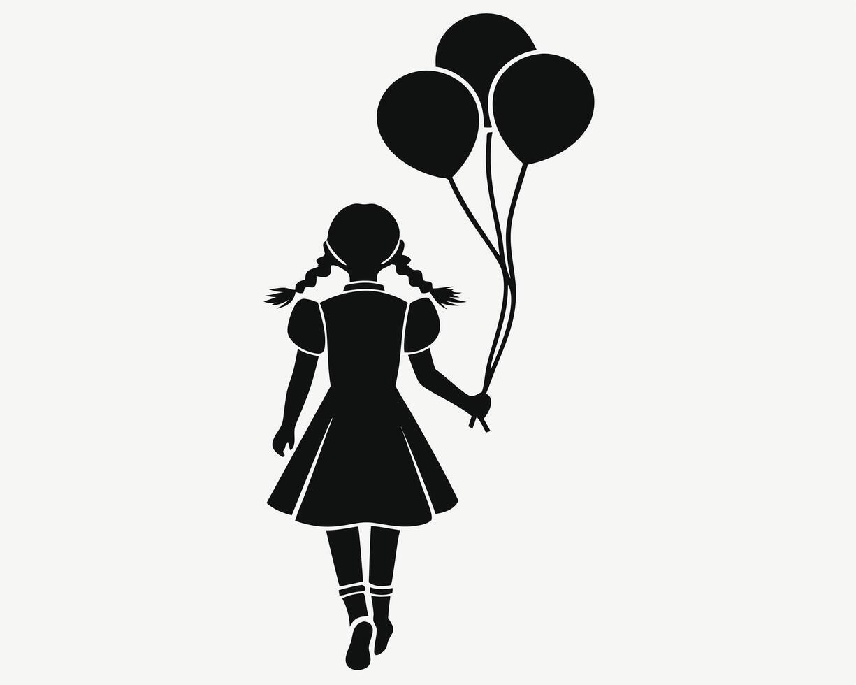 Silhouette of a girl holding balloons in black and white suitable for various design projects vector