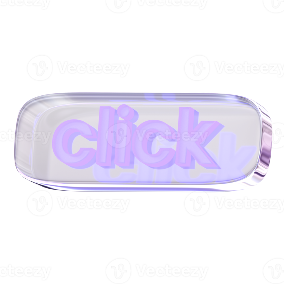 3d Rendering Purple Click Button with glossy, reflective surface.. Dispersed glass. Neon sign text. Holographic object in Y2K style. Decorative element for social media png