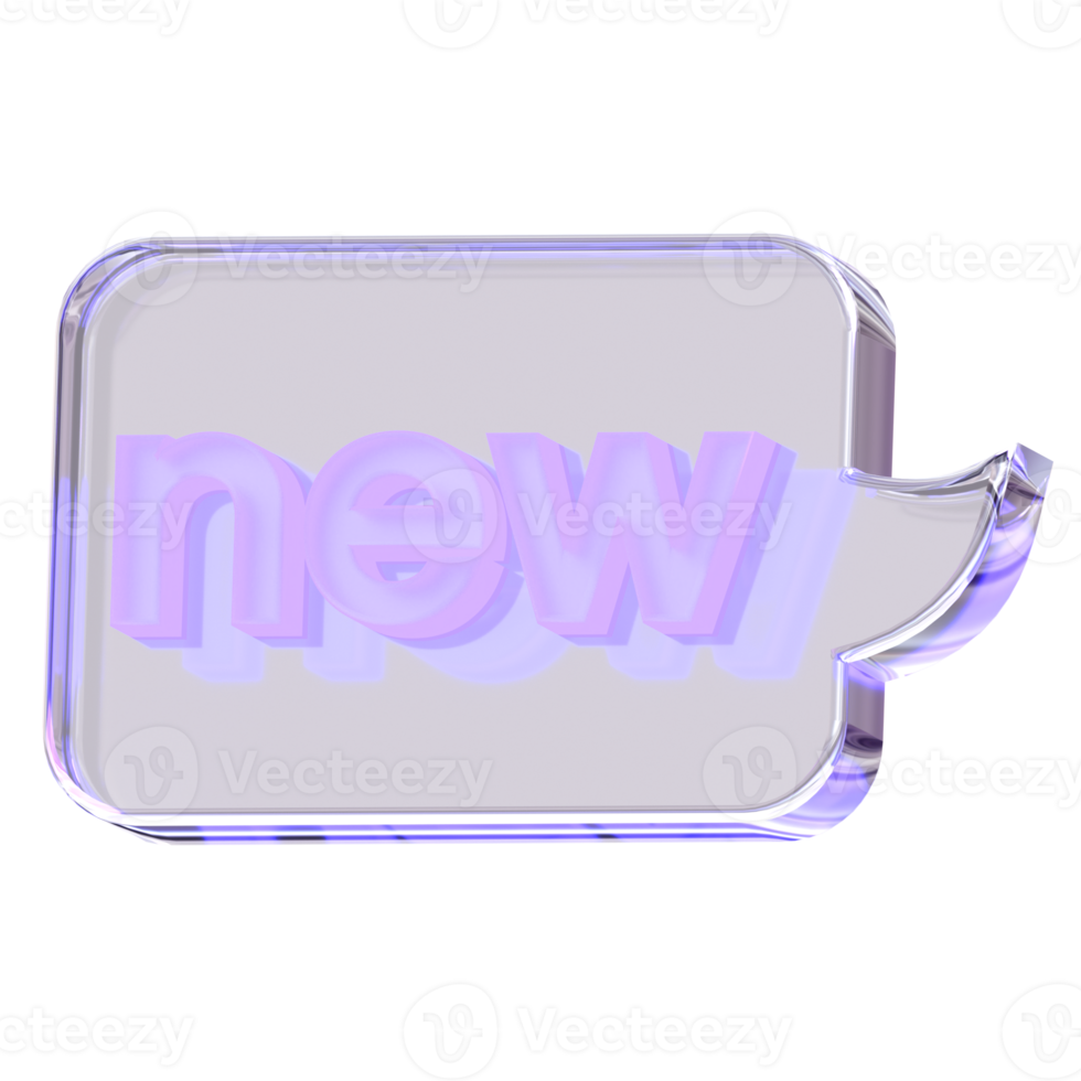 3d Rendering Purple New Button Text Bubble with glossy, reflective surface. Dispersed glass. Neon sign text. Holographic object in Y2K style. Decorative element for social media png