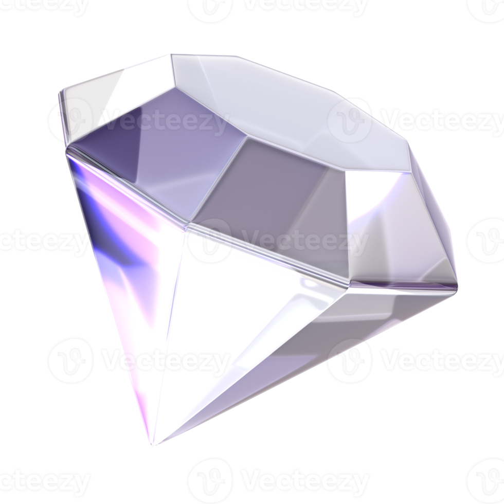 3d Rendering Purple Diamond Element with glossy, reflective surface. Dispersed glass. Holographic Brilliant object in Y2K style. Decorative element for social media png