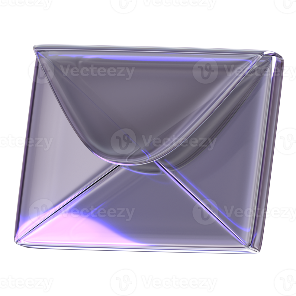 3d Rendering Purple Envelope Element with glossy, reflective surface. Dispersed glass. Holographic Mail object in Y2K style. Decorative element for social media png