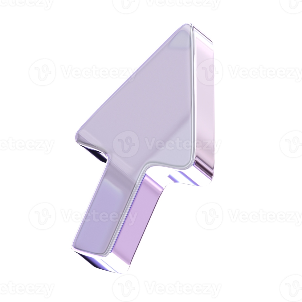 3d Rendering Purple Cursor Element with glossy, reflective surface. Dispersed glass. Holographic object in Y2K style. Decorative pointer element for social media png