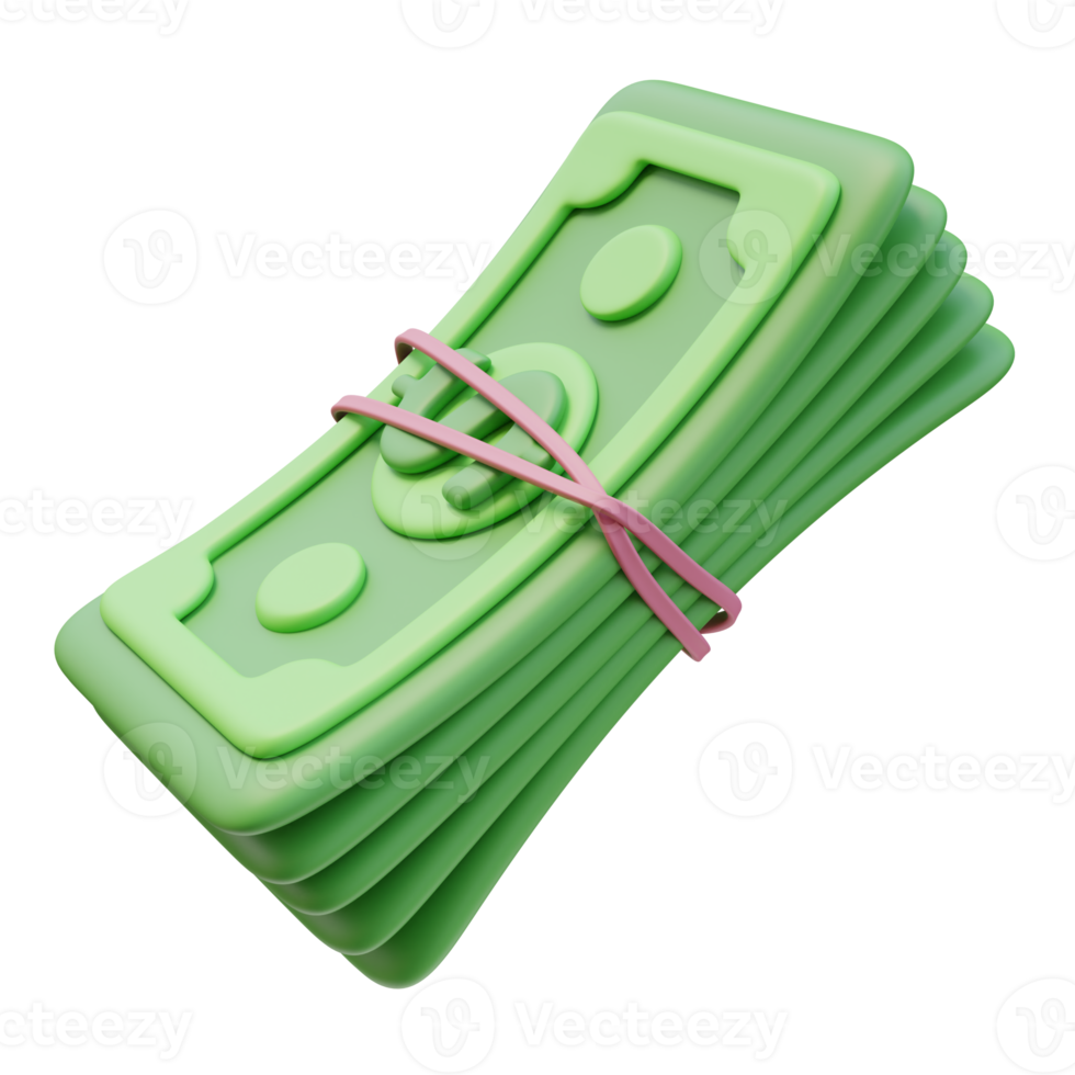 3D Rendering Green Money Banknote Stack Bundle Tied With Rubber Band Dollar Sign. Money Finance Concept. 3D Illustration Design png