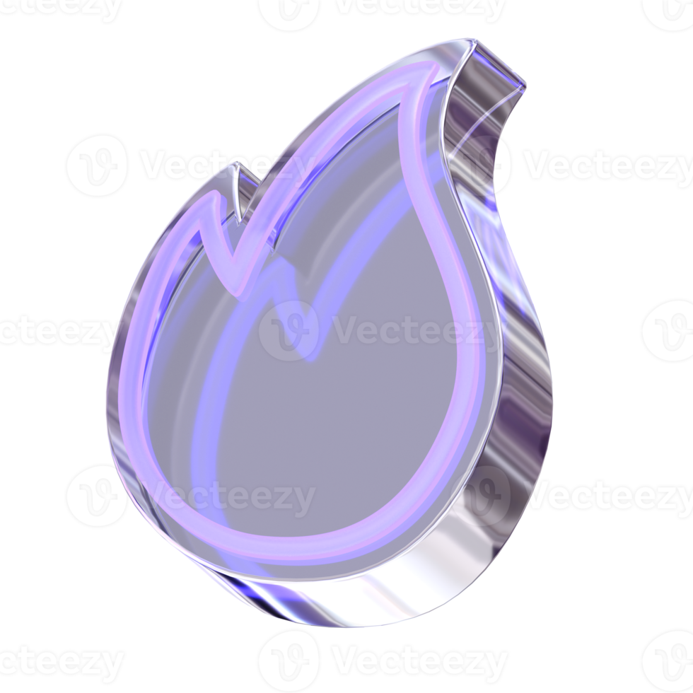 3d Rendering Purple Fire Element with glossy, reflective surface and Neon. Dispersed glass. Holographic Flame object in Y2K style. Decorative element for social media png