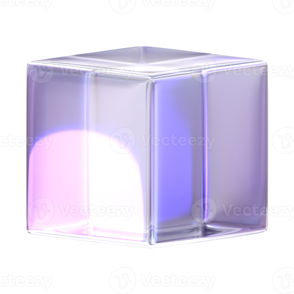 3d Rendering Purple Cube Element with glossy, reflective surface. Dispersed glass. Holographic object in Y2K style. Decorative element for social media. 3d icon png